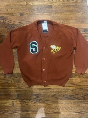 Skate Board Rust Brown Button-Up Cardigan with Bee Patch